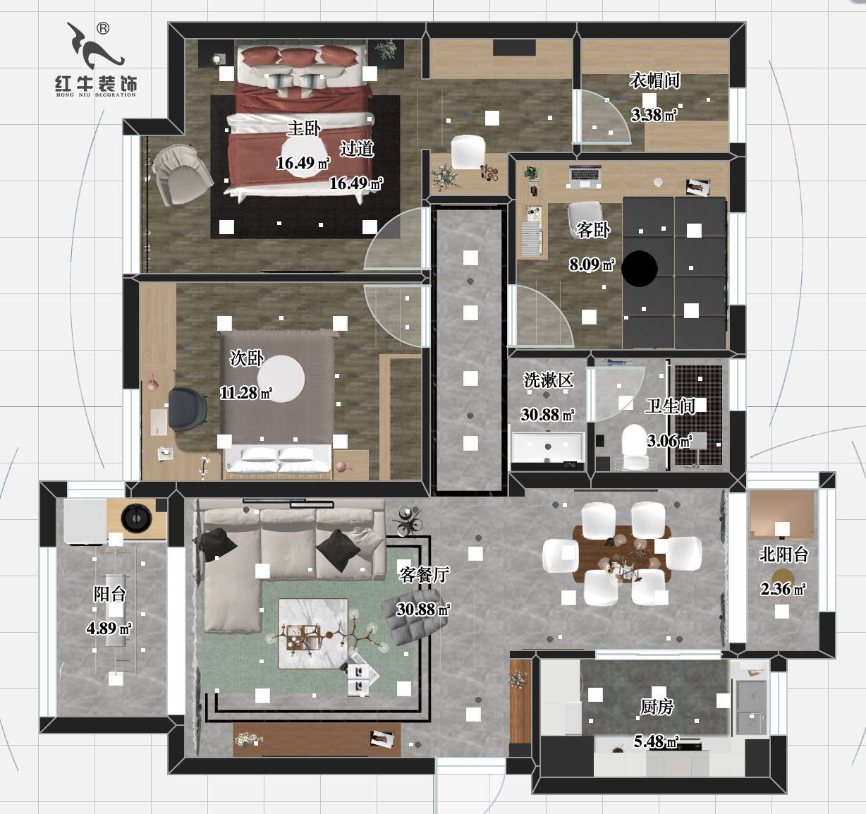 劉小勇_電建洺悅府二期12-102-137㎡-現代簡約風格_平麵彩圖