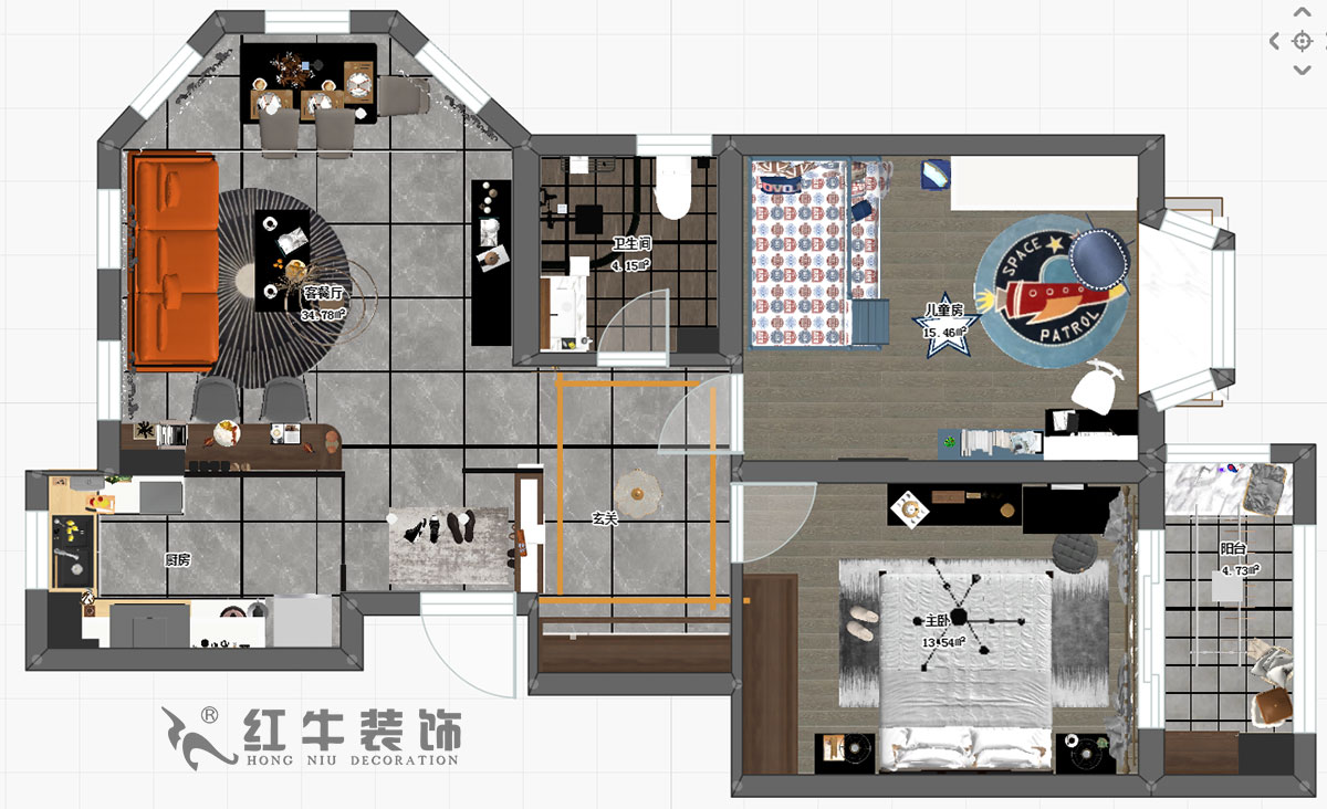 趙東星_碧瑤花園14-201-90㎡-現代風格_2室1廳1衛（老房翻新）_成品（pǐn）家￥113603_全包11萬00彩平圖