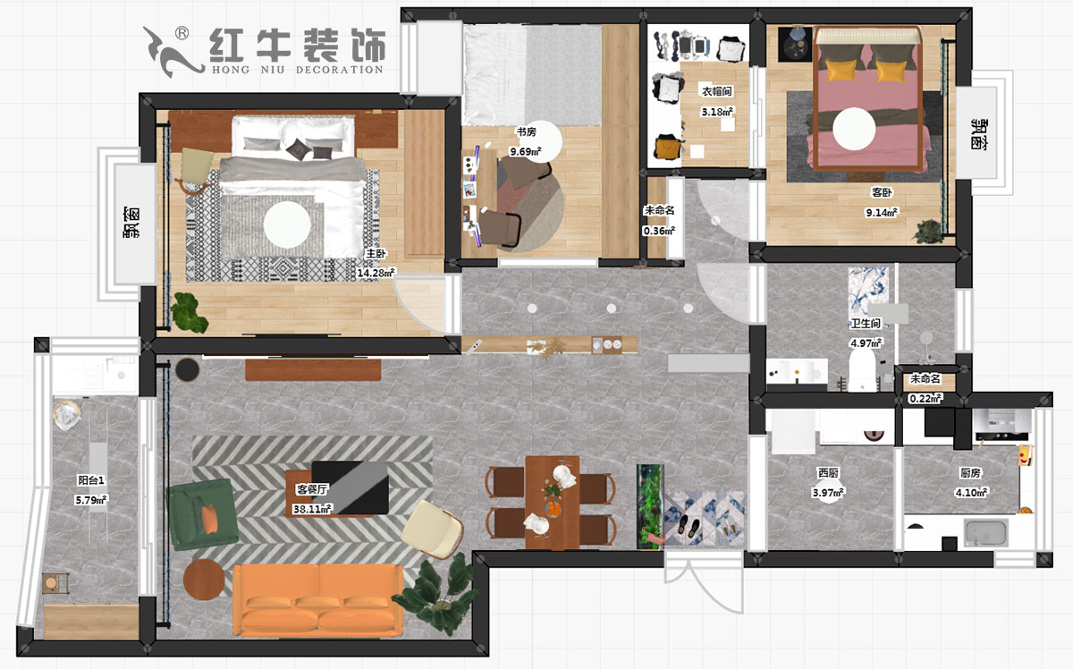 熊浩宇_惠紡園1-1-302-115㎡-現代簡約風格_3室2廳1衛（老（lǎo）房翻新）_定製（zhì）家￥128340_全包（bāo）12萬00_03彩平圖