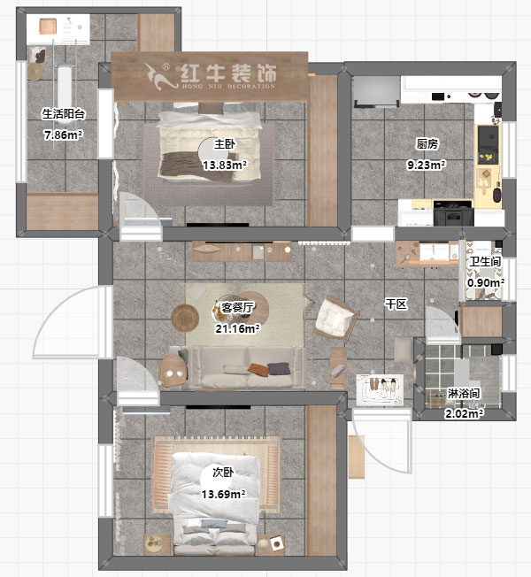 朱明琪｜有福（fú）家苑34-104-82㎡-現代簡約原木風格｜2室2廳1衛｜老房裝修｜定（dìng）製家￥131000｜全包14萬（wàn）｜00_03平麵彩圖