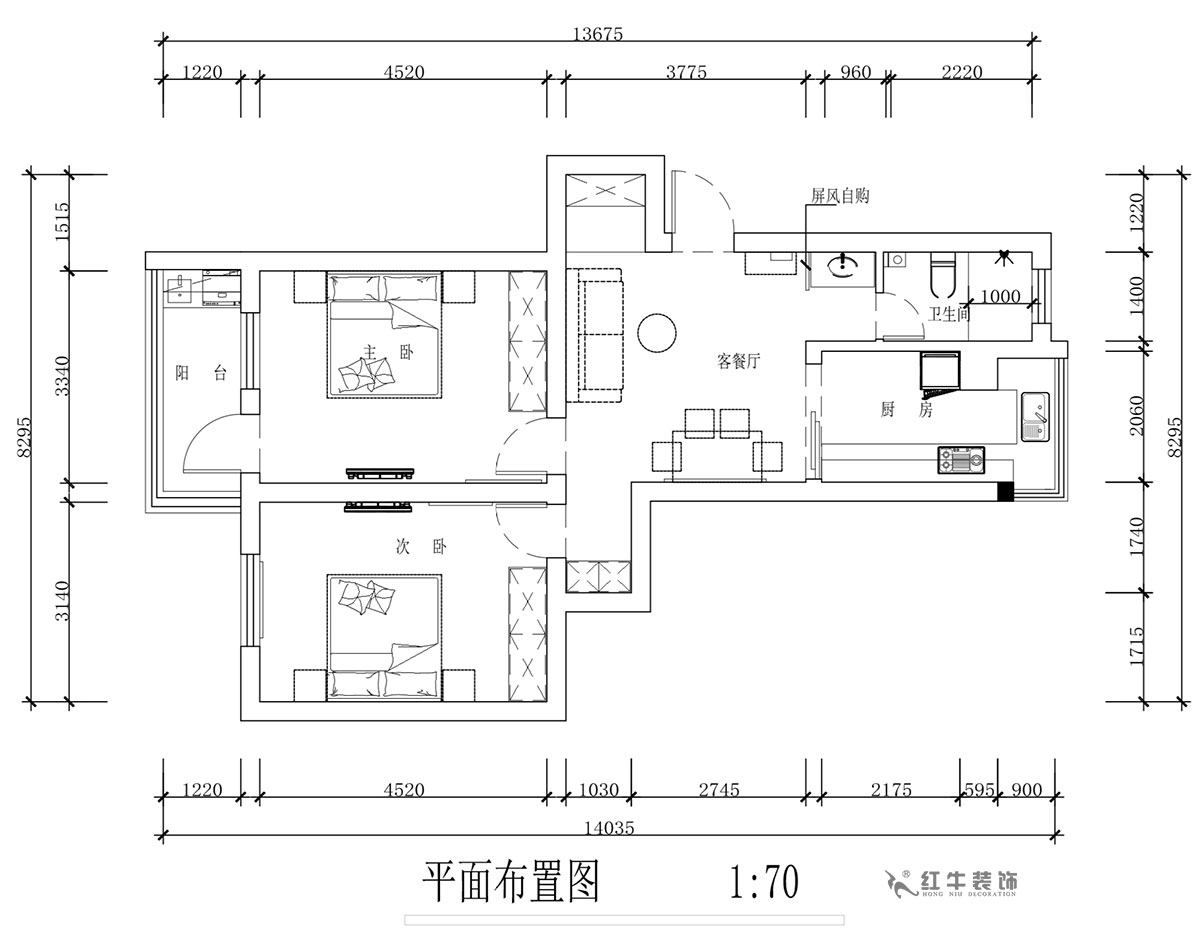 蔣琛｜安泰村21-401-80㎡-現代簡約風格（gé）｜2室1廳1衛｜舊房裝修｜定製家￥126767｜全包12萬｜00_02平麵布置圖