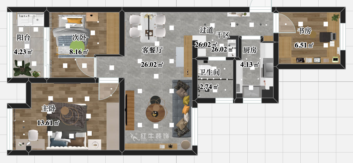 張智猿｜紫楊佳園二期22-407-86㎡-北歐風格｜3室2廳1衛｜新房裝修｜定製家￥108698｜全包（bāo）11萬｜00_03平麵彩圖