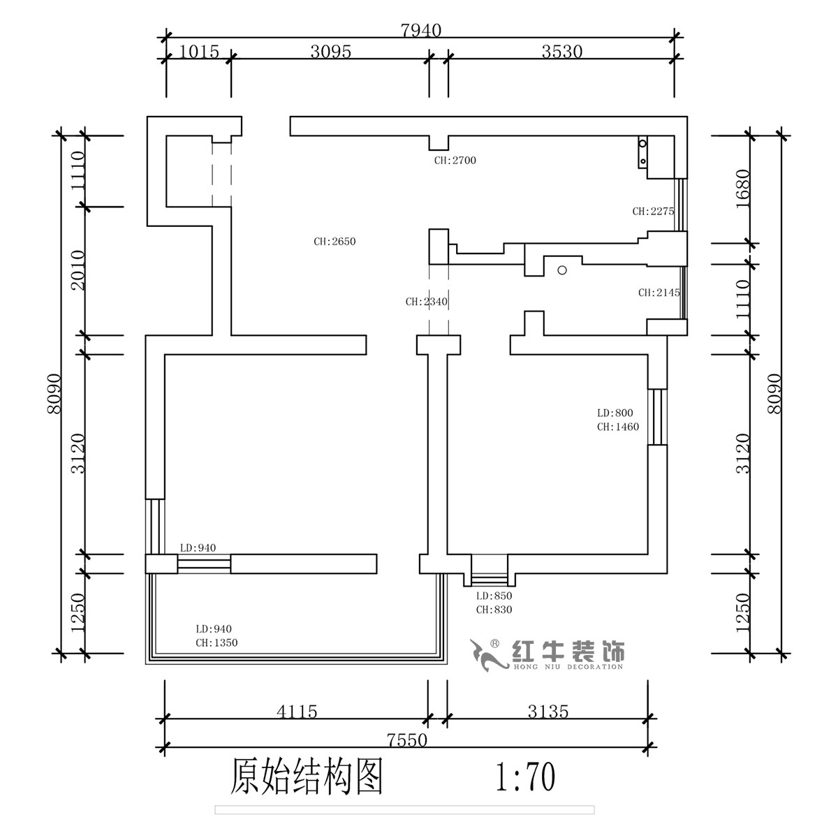 蔣琛｜公園路44號小區3-204-60㎡-現代簡約風格｜2室1廳1衛｜舊房裝修｜定製家（jiā）｜全包（bāo）10萬｜00_01原始結構圖