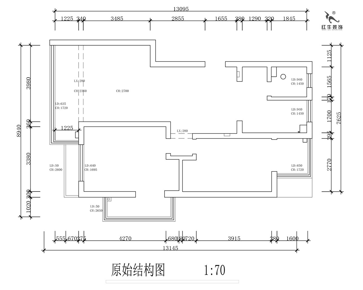 蔣琛｜紫鑫中華廣場11-601-110㎡-現代簡約風（fēng）格｜2室2廳1衛｜舊房裝（zhuāng）修｜定製家￥140400｜全包15萬｜00_01原始結構圖