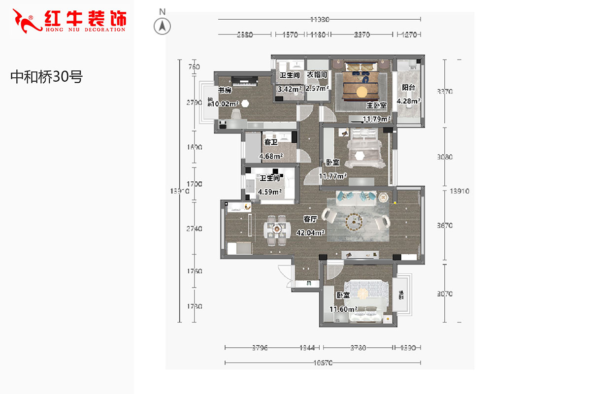 陸利民｜中和橋30號29-1403-137㎡-美式風格｜4室2廳3衛｜新房裝修｜半包￥94990｜半包9