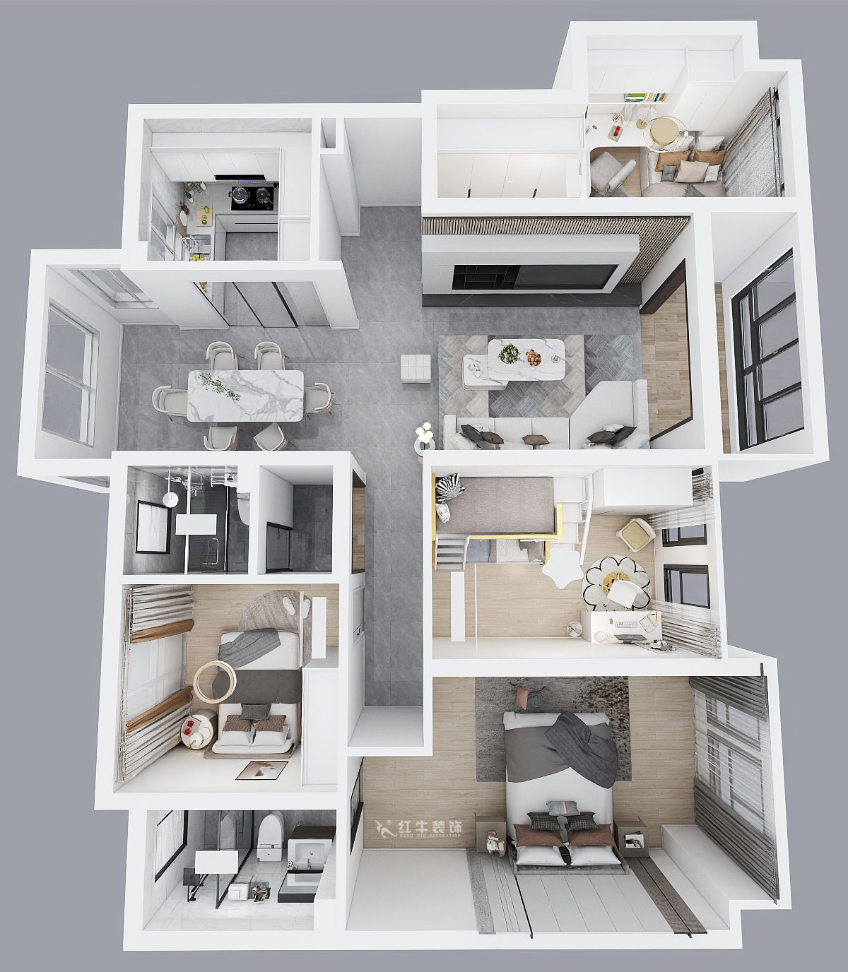 蔣琛｜電建洺（míng）悅府二期北苑5-904-135㎡-輕奢風格｜4室2廳2衛（wèi）｜新房（fáng）裝修｜定製家｜全包20萬｜00_04俯視（shì）圖