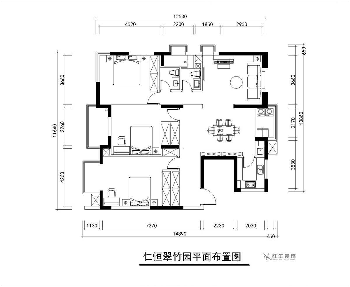 朱彥｜仁恒（héng）翠竹園26-204-130㎡-簡約風格｜3室2廳2衛｜老房裝修｜定製家｜全包20萬｜00_02平麵布置圖