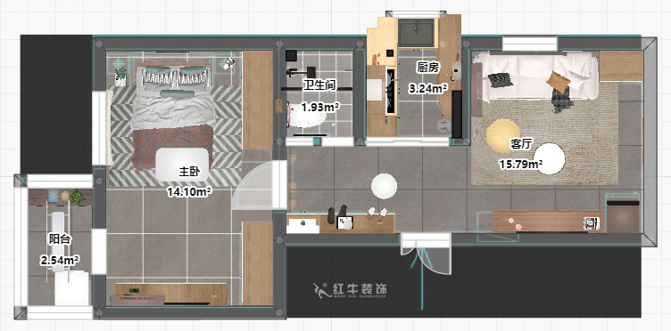 孟憲濤（tāo）｜大光路（lù）菜市口1號2-2-205-50㎡-簡約風格｜1室1廳1衛｜老房裝修｜定製家｜全（quán）包9萬｜00_03平麵彩圖