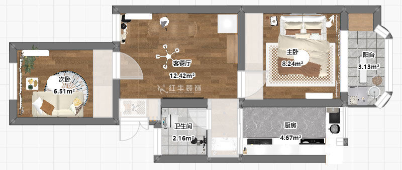 高靈慧｜南苑台園26號（hào）9-401-60㎡-北歐風格｜2室（shì）1廳1衛｜老房裝修｜定製家｜全包9萬｜00_03平麵彩圖