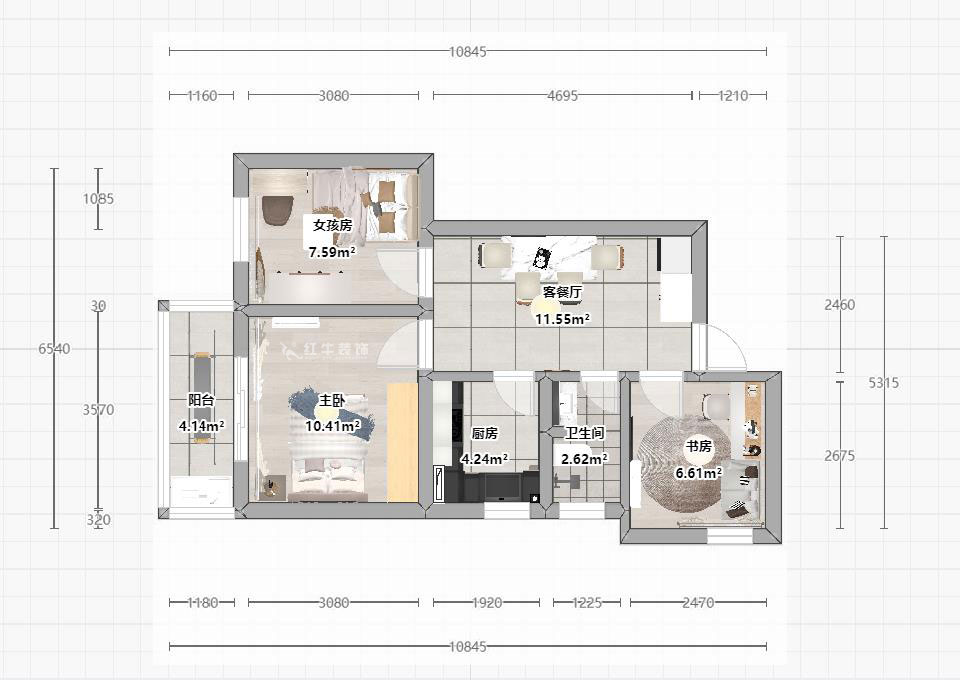 蔣琛｜建鄴路（lù）住宅小區72-1806-70㎡-現代簡約風格｜3室1廳1衛｜老（lǎo）房裝修｜定製家｜全包10萬｜00_03平麵彩圖