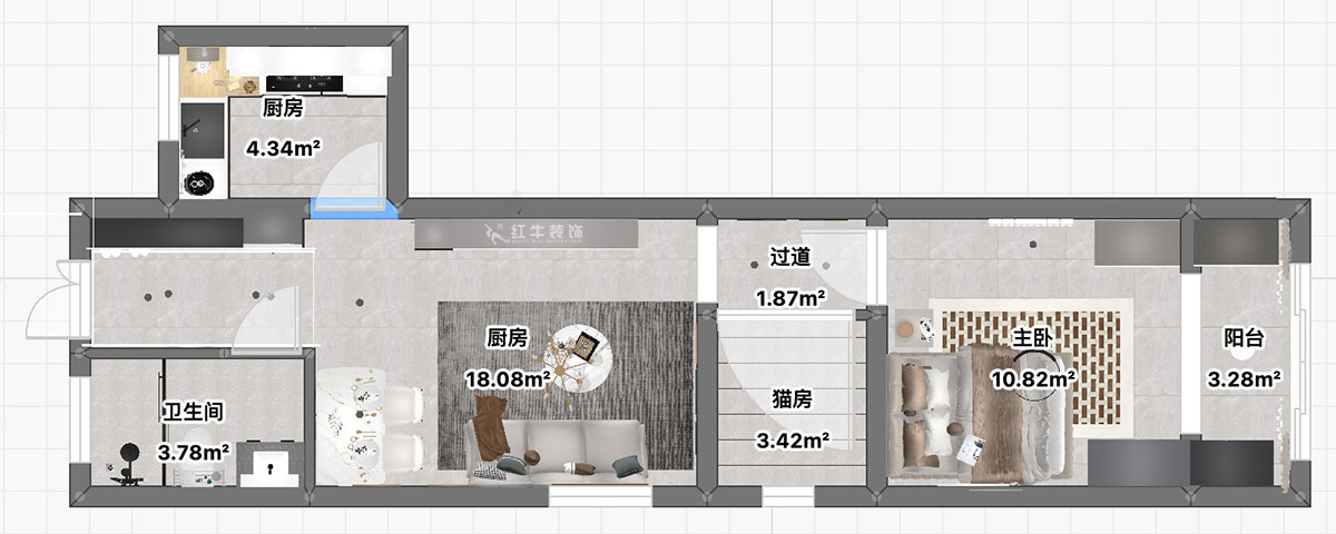 朱彥｜三條巷（xiàng）101-104-50㎡-簡約風格（gé）｜1室（shì）1廳1衛｜老房裝修｜定製家｜全包10萬｜00_03平麵彩圖