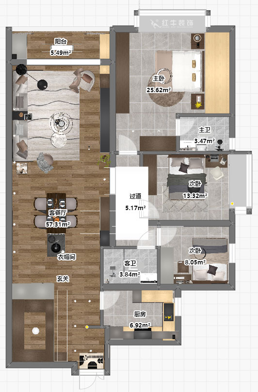 吳（wú）波｜京隆名爵府3-1107-165㎡-現代風格｜3室2廳2衛｜新房裝修｜定製家｜全包21萬｜00_04平麵彩圖