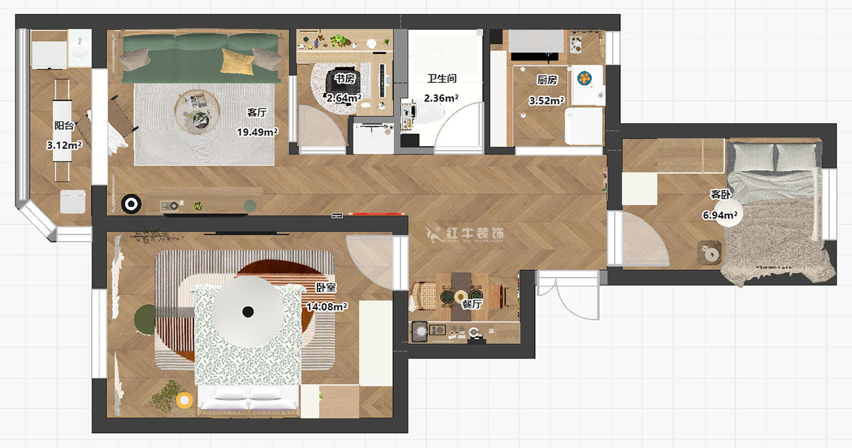 朱明琪｜評事街（jiē）137號（hào）3-402-71㎡-原木風格｜3室2廳1衛｜老房改造｜定製家｜全（quán）包11萬｜00_03平麵（miàn）彩圖