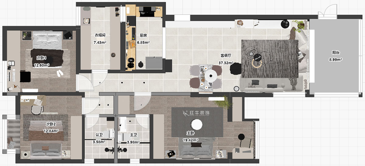 蔣琛｜尚東花園39-210-140㎡-現代簡約風格｜4室2廳2衛｜新房裝修｜定製家｜全包17萬｜00_03平麵彩圖