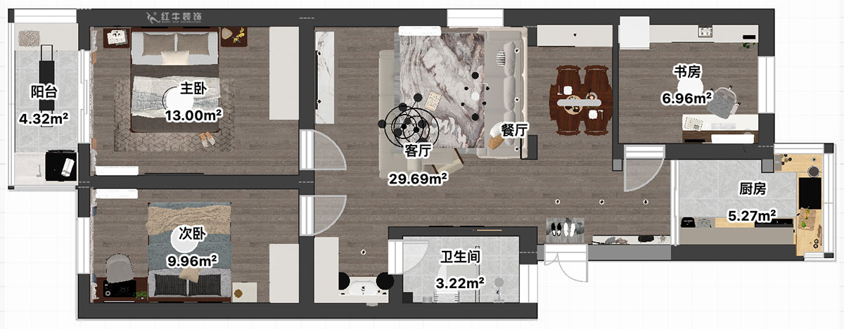 吳波｜寧工新寓一村44-502-90㎡-現代簡約風格｜3室2廳1衛｜舊房裝修｜定製家｜全包12萬｜00_04平麵彩圖