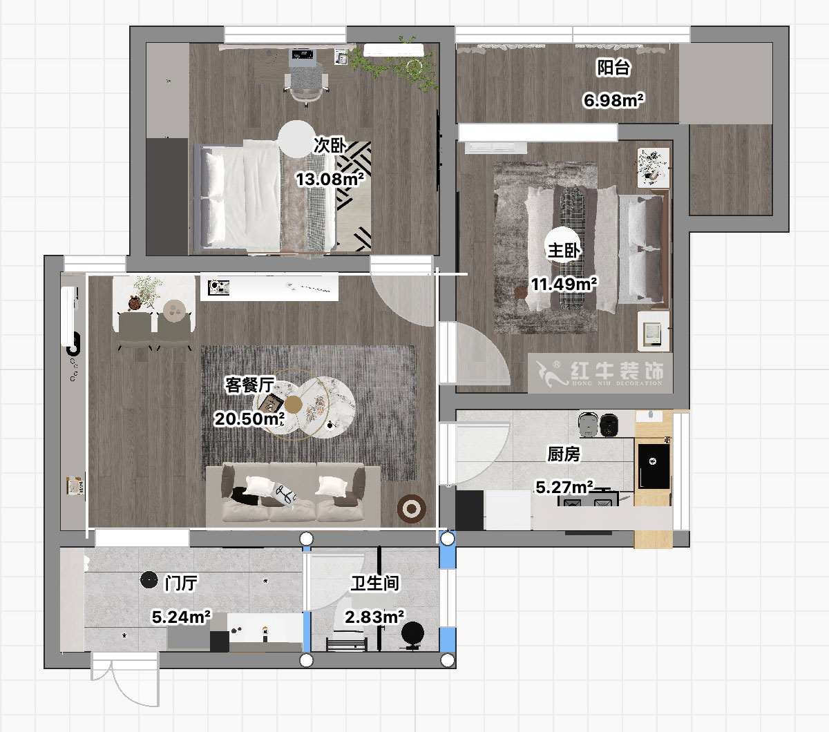 朱彥｜建康花苑4-505-89㎡-現代簡約風格｜2室2廳1衛｜老房（fáng）改造｜定製家｜全包12萬｜00_03平麵彩圖